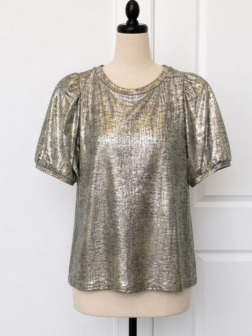 Shimmery Metallic Silver Puff Sleeve Top